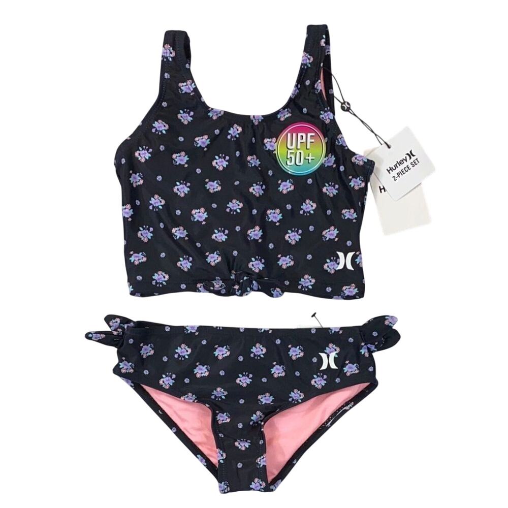 Hurley Girls XL Black Floral Bikini Set UPF 50+ Tank Top 2 Piece Swim